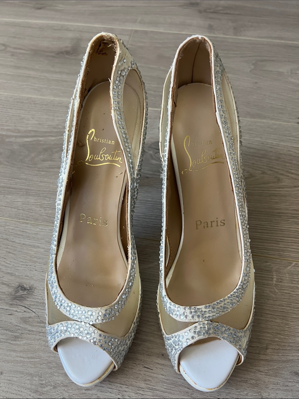 Christian Louboutin Cream Crystal Peep-Toe Heels